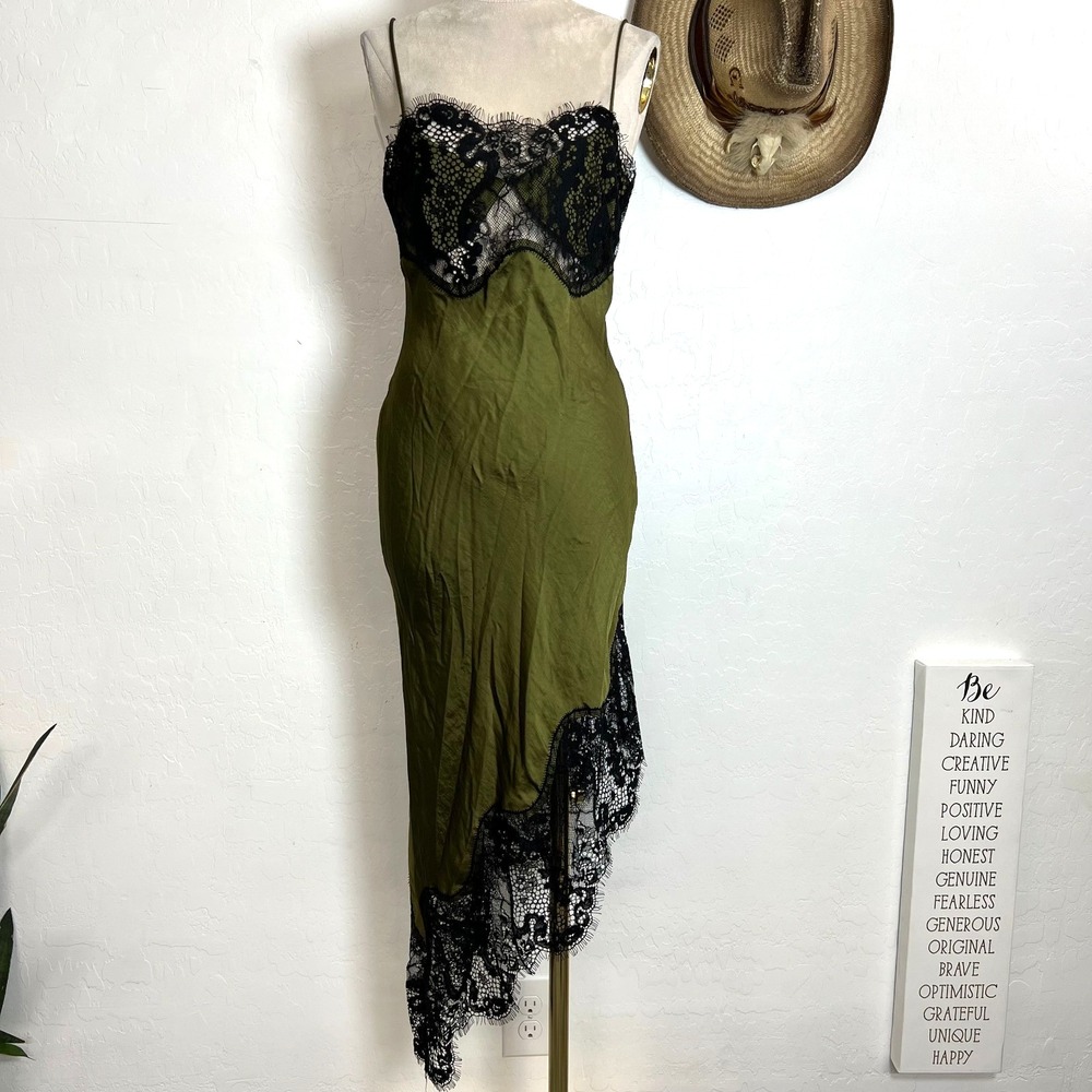 Zara Olive Green Asymmetrical Lace Slip Dress ZW Collection XS